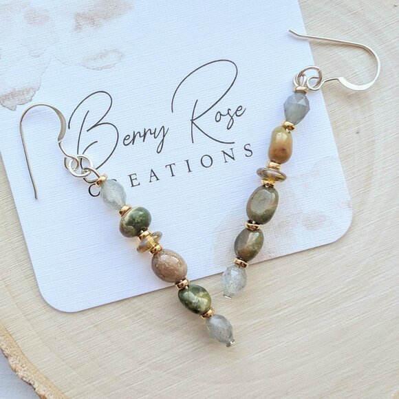 Silver Green Rhyolites and labradorites Handmade Drop Earrings - Picture 3 of 6